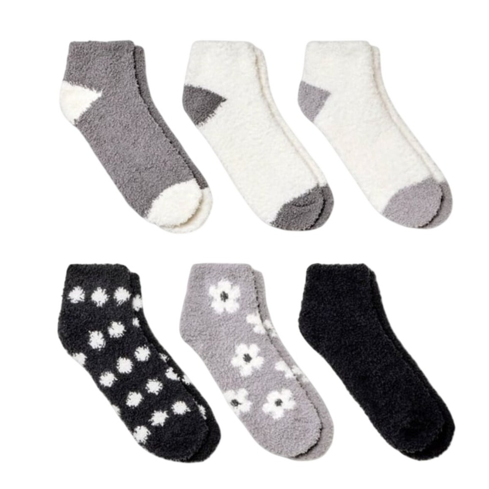Cozies Womens 6pk Low Cut Fuzzy Socks Gray Black Ivory Floral Polka Dot 4-10